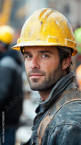 Confident Construction Worker Portrait with Yellow Hard Hat on Job Site, Focused and Determined Expression