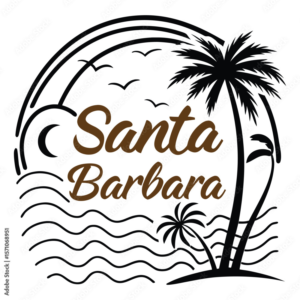 Naklejka premium Santa Barbara Beach Scene Logo with Palm Trees, Ocean Waves, Flying Birds, and a Sunset Backdrop.