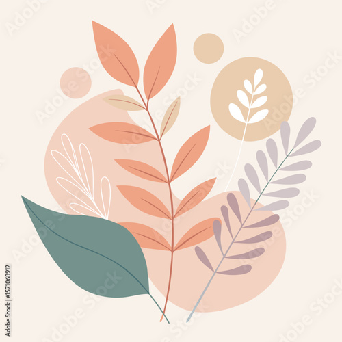Abstract botanical illustration featuring overlapping pastel leaf shapes with a stylish design and bold or pastel palettes for diverse applications