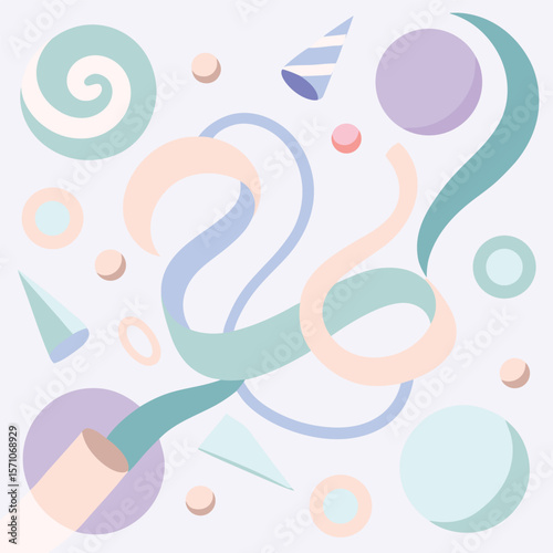 Abstract composition featuring floating geometric shapes with curved ribbons and party hat elements within a modern design aesthetic.