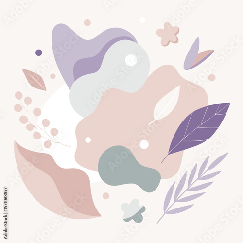 Abstract design featuring organic shapes and floral elements in a soft modern style showcasing bold or pastel palettes.