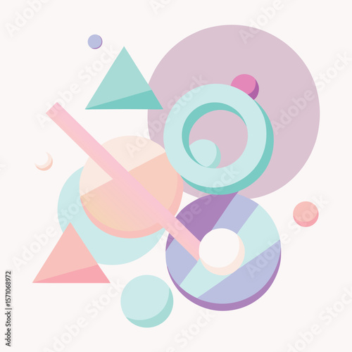 Abstract composition of overlapping geometric shapes and forms created with a soft color palette and dynamic arrangement.