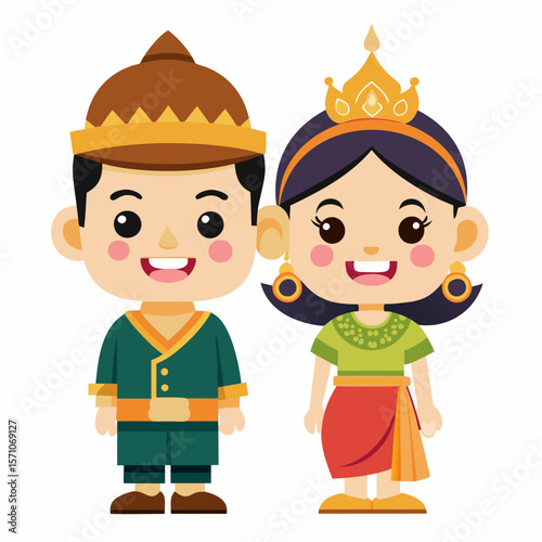 Adorable Cartoon Thai Children in Traditional Clothing