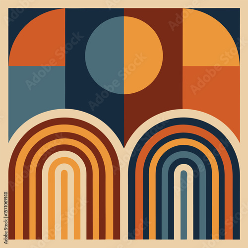 Abstract geometric composition featuring rainbow arches and colorful quadrants blending bold and pastel palettes in a balanced design.