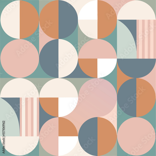 Abstract geometric composition in a retro mid century modern style featuring circles semi circles and pastel palettes for design
