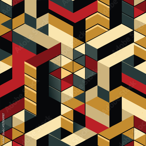 Abstract geometric composition showcasing isometric shapes and a saturated color scheme creating a modern artistic pattern design
