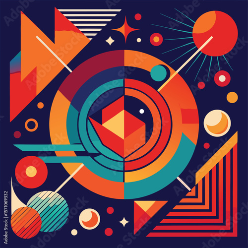 Abstract geometric design with a cosmic theme featuring vibrant colors and bold shapes on a navy blue background.
