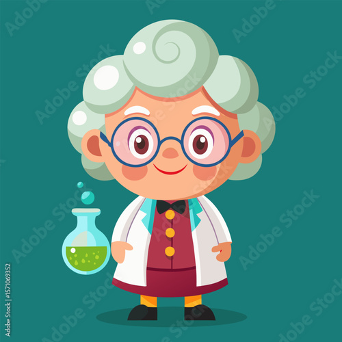 Adorable Cartoon Scientist.  A Charming Illustration of a Senior Woman in a Lab Coat with Beaker