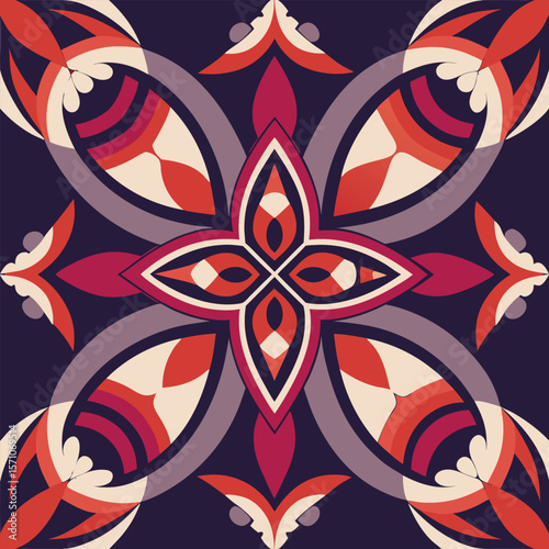 Abstract geometric pattern with symmetrical floral design in a rich color palette ready for various applications