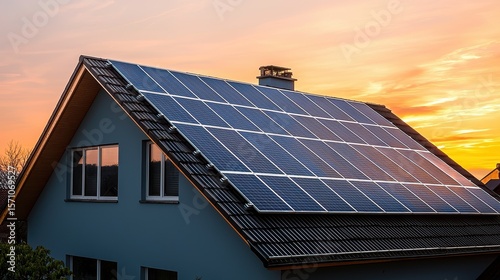 Wallpaper Mural Residential solar systems evening light modern home with solar panel array on slanted roof sustainable energy technology house exterior Torontodigital.ca