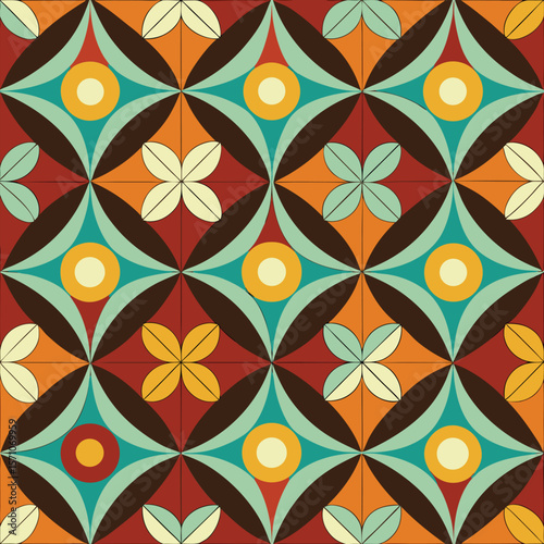 Colorful geometric pattern design in a retro style with a seamless repeating format and a variety of colors.