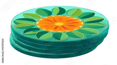 Vibrant Set of Decorative Coasters Featuring Floral Design with Orange Petals and Green Leaves