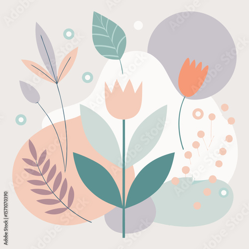 Modern abstract floral illustration featuring elegant shapes with soft pastel colors and a simple, clean design suitable for various projects.