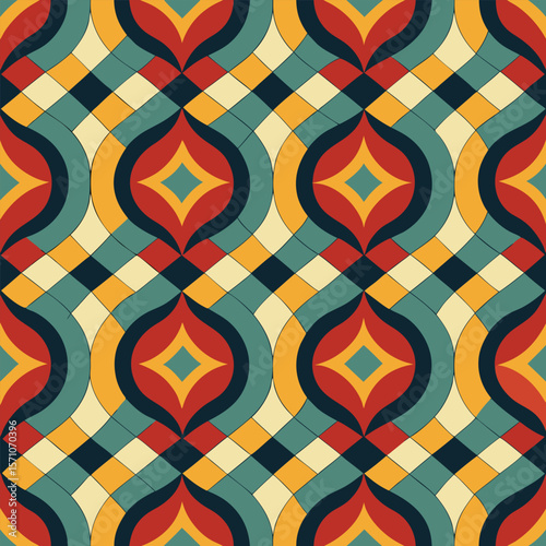 Geometric seamless retro pattern featuring bold and pastel palettes creating a vibrant and eye catching background suitable for design projects.