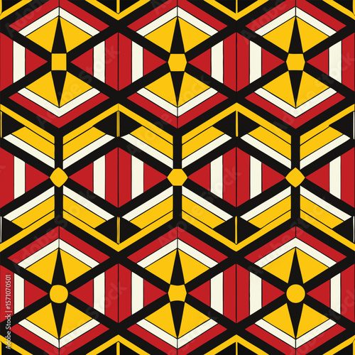 Seamless geometric pattern design featuring repeating shapes in vibrant colors with bold and black outlines for graphic elements.