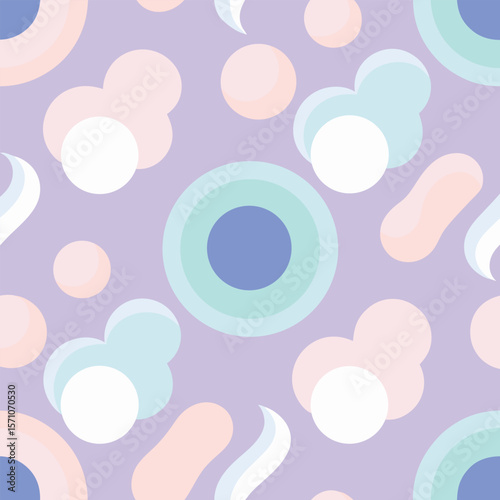 Seamlessly repeating pattern featuring soft shapes and forms created with a pastel color palette on a muted lavender colored backdrop for a modern design