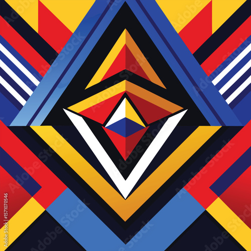 Symmetrical abstract geometric composition with vibrant colors and transparent background ideal for various design projects