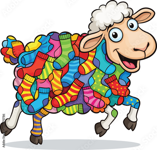 A happy cartoon sheep made of colorful, mismatched socks, playfully jumping