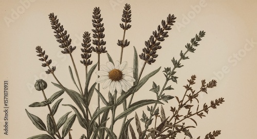 Illustration of lavender and chamomile flowers with leaves on a cream colored background art drawing