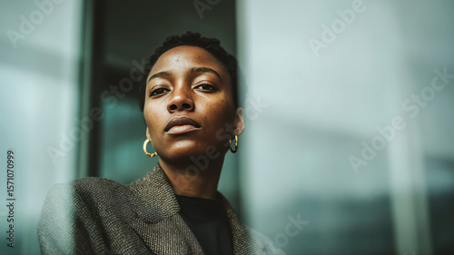 Confident young African businesswoman in a modern corporate environment