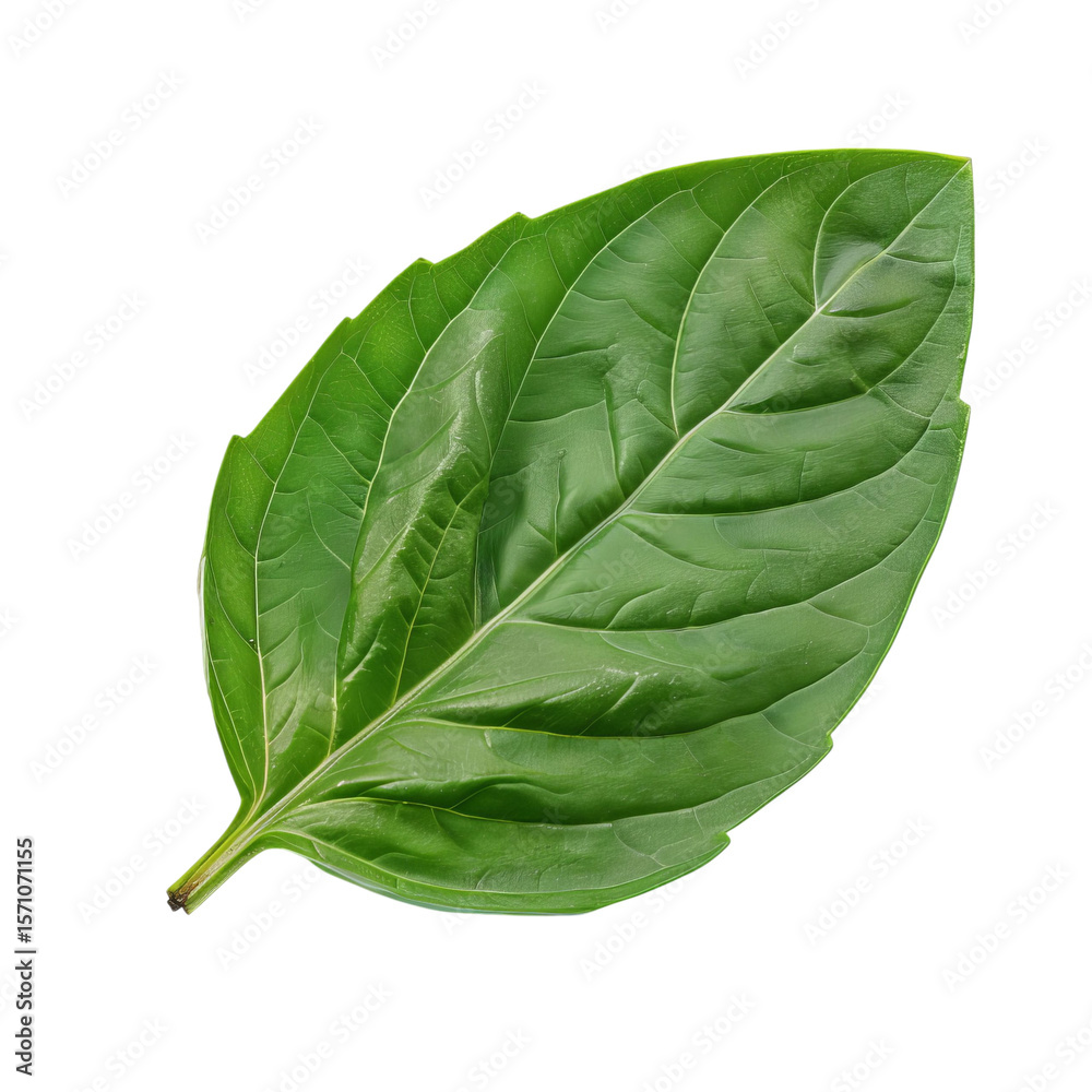 Fototapeta premium Lush green basil leaf showcasing vibrant color and intricate texture on a black background.