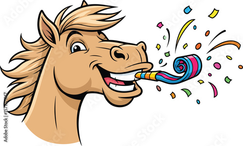 A funny cartoon horse celebrates happily with a party blower and confetti