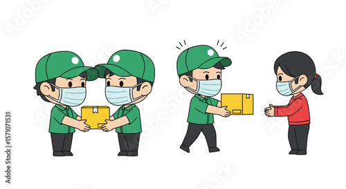 Safe Package Delivery During Pandemic Two Couriers Handing Box to Woman Receiving Package