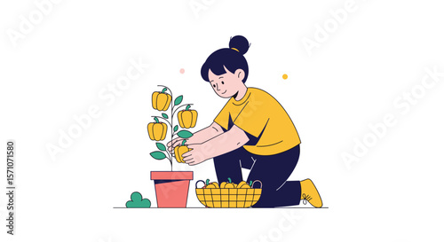 Young woman tending to a plant with ripe fruits in a pot and basket