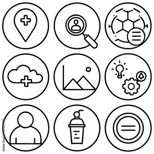 Collection of nine circular outline icons representing various concepts and services
