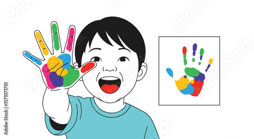 Creative Young Artist Shows Colorful Handprint Art Project in Vibrant Detail