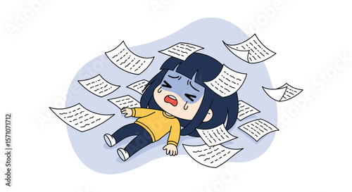 Young Girl Overwhelmed by Excessive Paperwork Feeling Stressed and Sad