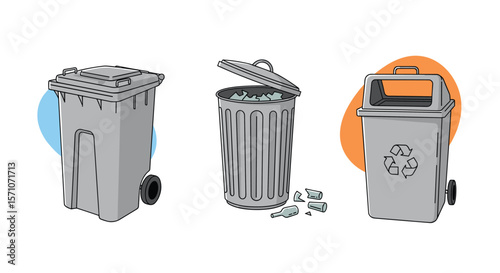 Three Different Types of Waste Bins for Recycling and Trash Collection Purposes