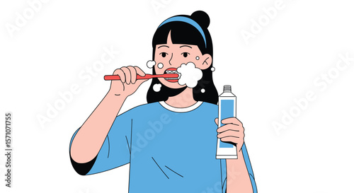 A Young Person Brushes Their Teeth With Toothpaste Foam A Simple Morning Routine