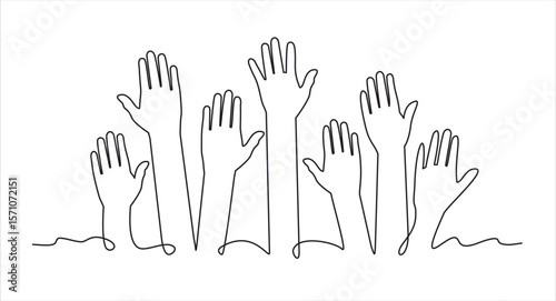 Continuous one line drawing of raised hands. Volunteering concept. Hand drawn one line vector. Editable stroke