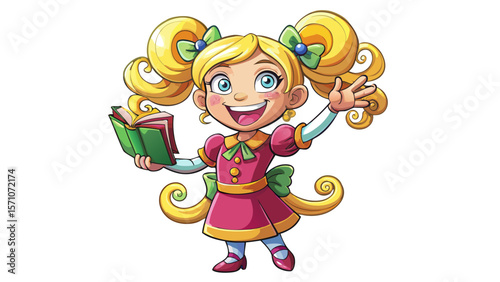A smiling 3D cartoon girl with flowing golden pigtails twirls in a pink dress, her green eyes sparkling. Holding a book in one hand, she points upward with delight, as if sharing a brilliant idea. Her