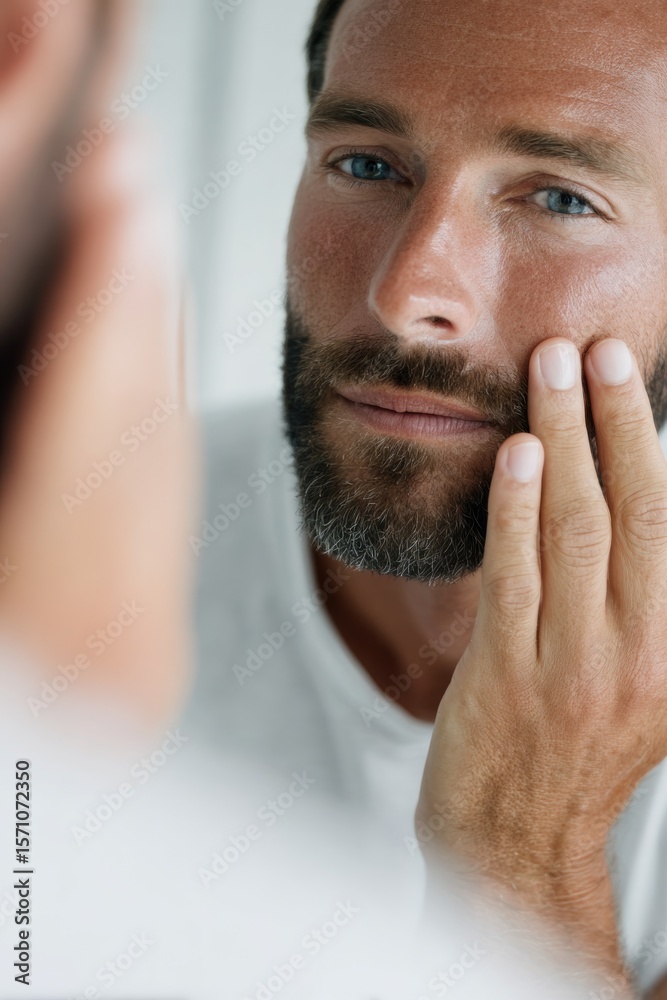 Fototapeta premium Man examines his face in mirror, showcasing grooming routine and