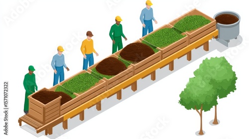 Workers Overseeing Organic Fertilizer Production Process with Multiple Stages of Compost in an Outdoor Facility