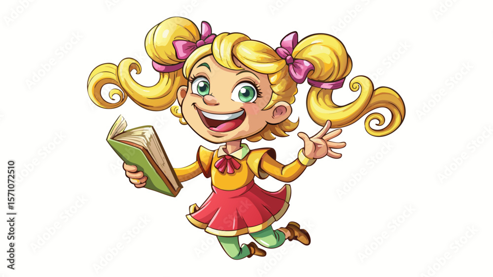Naklejka premium A smiling 3D cartoon girl with flowing golden pigtails twirls in a pink dress, her green eyes sparkling. Holding a book in one hand, she points upward with delight, as if sharing a brilliant idea. Her