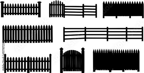 Country wooden fences, palisade vector silhouettes
