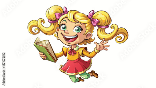 A smiling 3D cartoon girl with flowing golden pigtails twirls in a pink dress, her green eyes sparkling. Holding a book in one hand, she points upward with delight, as if sharing a brilliant idea. Her