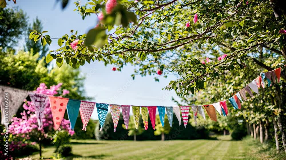 a string of colorful triangular flags hanging between trees in a garden, with a clear blue sky and vibrant flowers in the background.