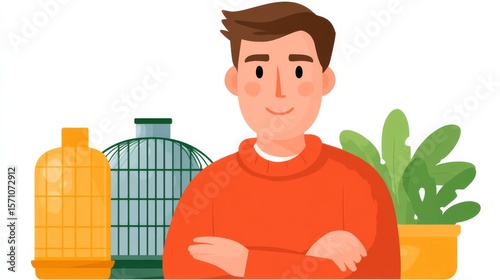 Young Man Managing a Pet Shop with Cages and Plants in a Colorful Indoor Environment