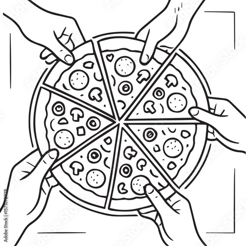 Hands holding slices of pizza, concept of pizza party