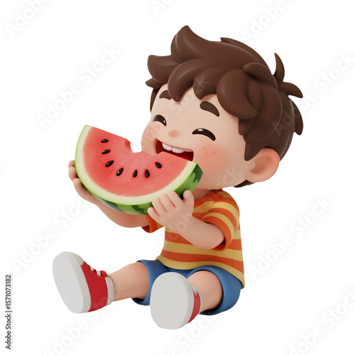 Happy Child Eating Watermelon Slice