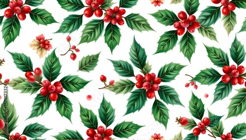 a floral pattern featuring holly berries and leaves, arranged in a seamless repeat design 