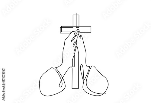 Continuous line of hands holding a cross. One line drawing of a hand holding a jesus cross. Christian and catholic religious beliefs. Hand drawn one line vector. Editable stroke