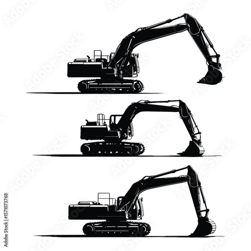 Silhouette of Excavators and Heavy Construction Equipment
