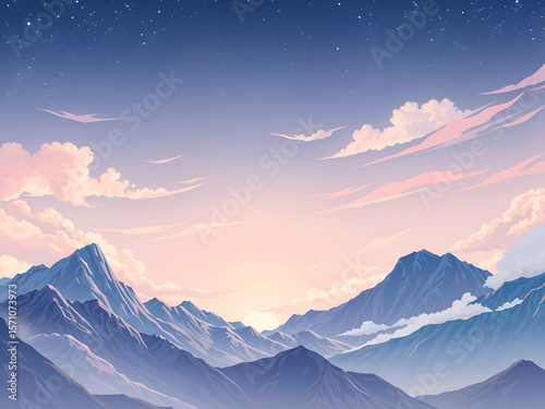 Dramatic mountain scenery during sunset with pink clouds, suitable for travel and inspirational designs. Generative AI