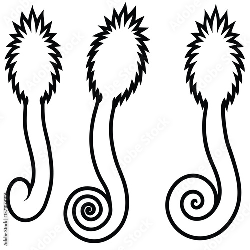 Three abstract black and white graphic elements with spiky tops and curled tails