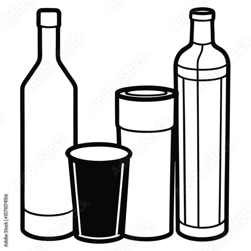 Simple outline illustration of various bottles and a cup on white background